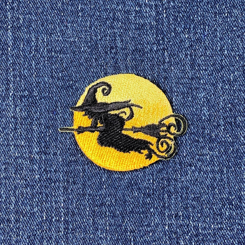 Witch Riding A Broomstick Applique Patch - Full Moon Embroidered Halloween Badge 2" (Iron On)