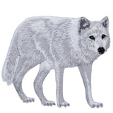 White embroidered wolf patch on a white backgorund