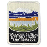 Embroidered patch of Wrangell-St. Elias National Park and Preserve on a white background.