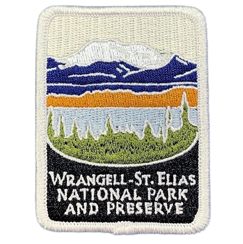Embroidered patch of Wrangell-St. Elias National Park and Preserve on a white background.