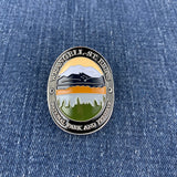 An oval enamel Walking Stick Medallion featuring a mountain landscape with the text 'WRANGELL-ST. ELIAS NATIONAL PARK AND PRESERVE' on a silver-toned border, placed on a blue denim background.