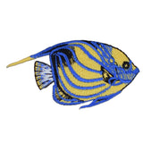 A small embroidered patch depicting a blue-ring angelfish with an iron-on backing.