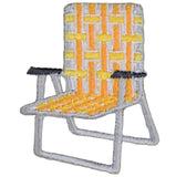 Patch of a yellow and gray woven chair on a white background