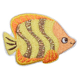 Embroidered patch of a fish with orange, yellow, and brown colors on a white background