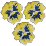 Three embroidered patches depicting yellow pansies with blue accents, designed for iron-on application.