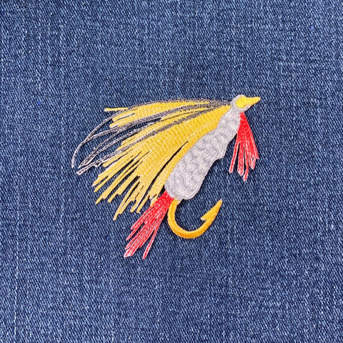 Fly Fishing Lure Applique Patch - Yellow Marabou Fish Embroidered Badge 3" (Iron On)