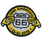 A round embroidered patch with '100th Anniversary Route 66' text and the Route 66 highway sign, spanning from 1926 to 2026.