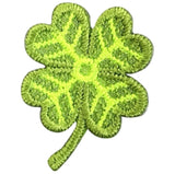 Embroidered patch of a four-leaf clover in bright green and lime green, symbolizing luck.