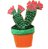 A patch depicting a green cactus with pink flowers in an orange pot, designed for iron-on application.