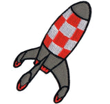 A space shuttle applique patch with a retro rocket design, predominantly gray with red and white checkered patterns.