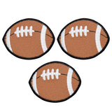three embroidered vinyl football patches on a white background