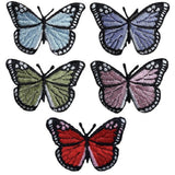 A set of five embroidered butterfly patches in various colors such as blue, green, pink, red, and purple, designed to be ironed onto fabric.