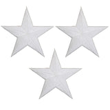 Three white embroidered star applique patches with a textured design, intended for use as badges or embellishments, presented on a plain background.