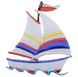 A colorful embroidered patch depicting a sailboat with red, blue, and yellow sail shades, on a white background.
