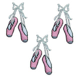 Three patches of ballet shoes with pink and white colors and silver accents, designed to be ironed onto fabric.
