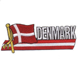 An embroidered patch with the text 'DENMARK' and a flag, designed for iron-on application.