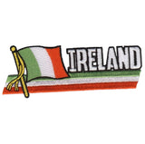 A patch featuring the flag of Ireland with a flagpole and the word 'IRELAND' at the bottom, designed for ironing onto fabric.