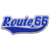a route 66 patch with blue and white letters in a classic baseball jersey style