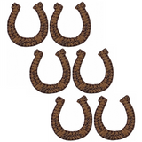 A set of six brown embroidered horseshoe applique patches with an iron on design, suitable for use in horse, cowboy, and western themed crafting projects.