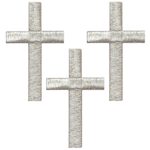 Cross Applique Patch - Silver Religious Jesus Christ Badge 2" (3-Pack, Iron on)