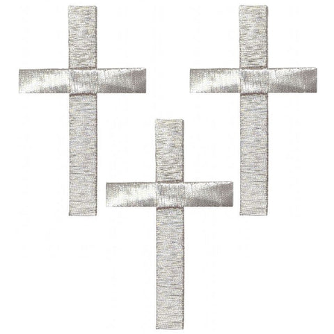 Large Cross Applique Patch - Silver Jesus Christian Badge 3" (3-Pack, Iron on)