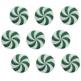 A collection of nine peppermint candy shaped iron on applique patches with green and white colors.