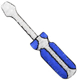 Embroidered patch depicting a blue and silver screwdriver 