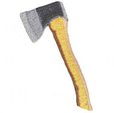 an embroidered axe patch with a yellow handle and gray blade
