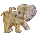 A brown embroidered baby elephant patch designed for iron-on application