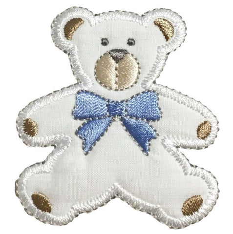Puffy Teddy Bear Applique Patch - Blue Bow 2-3/8" (Iron on) - Patch Parlor