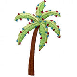 A embroidered patch depicting a palm tree with Christmas lights in red and blue, intended to be ironed onto fabric.
