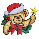 teddy bear patch with a santa hat holding a star 