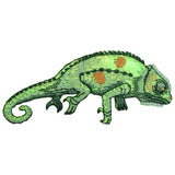 A colorful embroidered patch depicting a chameleon.