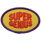 An oval-shaped embroidered patch with the text 'SUPER GENIUS' on a yellow background with a purple border.