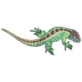 A shiny green lizard applique patch