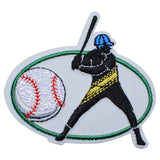 A baseball-themed applique patch showing a batter with a baseball and bat, framed within an oval border.