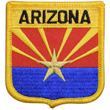 A shield-shaped embroidered patch with the text 'ARIZONA' at the top and a copper star on a blue horizontal band against a red background.