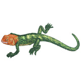 Embroidered patch of a lizard with an orange-red head and a mottled green and yellow body and tail.
