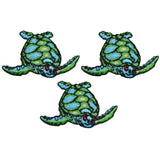 three sea turtle patches facing right on a white background