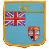 Fiji patch depicting the Fijian flag in the shape of a shield on a white background