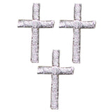Three metallic silver cross applique patches designed for iron-on application, embroidery on a white background.