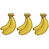 3 mini embroidered bananas patches in a row on a white background