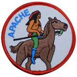 A round patch featuring an embroidered depiction of a Native American figure on horseback with the text 'APACHE' above the figure.