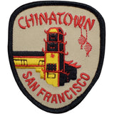 A shield-shaped patch with the text 'CHINATOWN SAN FRANCISCO' and an illustration of a traditional Chinese lantern.