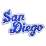A blue and white embroidered patch with the text 'San Diego' on it.