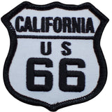 A shield-shaped patch with the text 'CALIFORNIA US 66' embroidered in black on a white background.