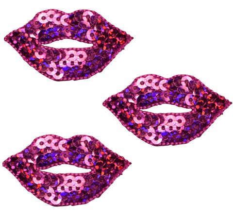 Pink Lips Applique Patch - Sequin Face Mask Accessory 1.75" (3-Pack, Iron on) - Patch Parlor