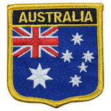 An embroidered patch featuring the Australian flag with the text 'AUSTRALIA' at the top, designed in a shield shape, intended for iron on application.