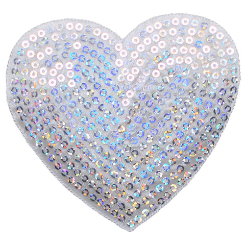 Sequin Heart Applique Patch - White, Silver, Love Badge 4" (Iron on) - Patch Parlor