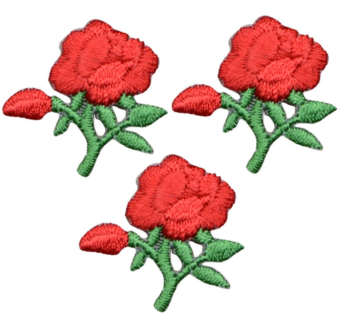 Mini Red Roses Applique Patch - Bloom, Flower, Love Badge 1" (3-Pack, Iron on) - Patch Parlor